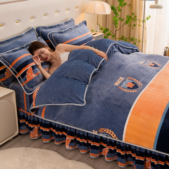 91家纺网 家纺一手货源 找家纺 启扬 2025直播爆款新款8.5斤加厚高克重牛奶绒四件套床裙款法莱绒宝宝绒金貂绒 浅夏时光