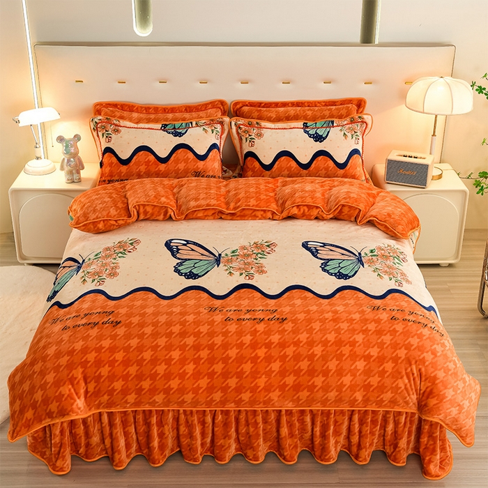 91家纺网 家纺一手货源 找家纺 启扬 2025直播爆款新款8.5斤加厚高克重牛奶绒四件套床裙款法莱绒宝宝绒金貂绒 蝶舞花语