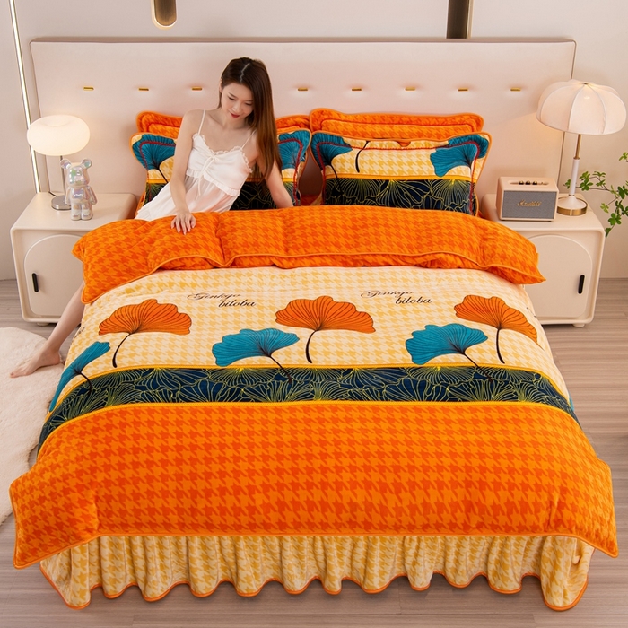 91家纺网 家纺一手货源 找家纺 启扬 2025直播爆款新款8.5斤加厚高克重牛奶绒四件套床裙款法莱绒宝宝绒金貂绒 茉莉粉