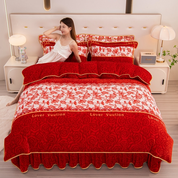 91家纺网 家纺一手货源 找家纺 启扬 2025直播爆款新款8.5斤加厚高克重牛奶绒四件套床裙款法莱绒宝宝绒金貂绒 遇见