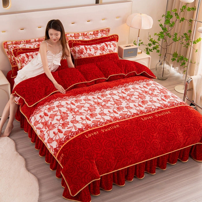 91家纺网 家纺一手货源 找家纺 启扬 2025直播爆款新款8.5斤加厚高克重牛奶绒四件套床裙款法莱绒宝宝绒金貂绒 遇见