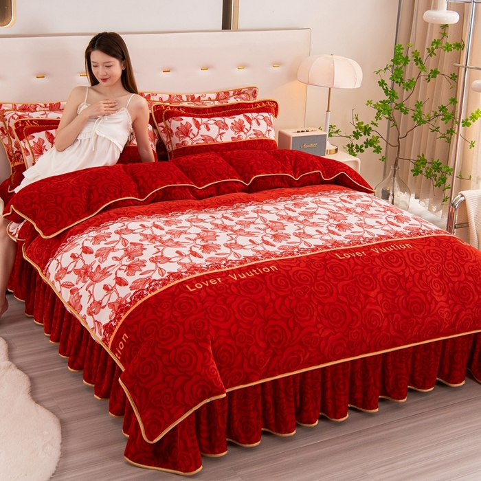 启扬 2025直播爆款新款8.5斤加厚高克重牛奶绒四件套床裙款法莱绒宝宝绒金貂绒 遇见