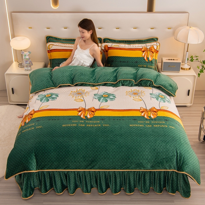 91家纺网 家纺一手货源 找家纺 启扬 2025直播爆款新款8.5斤加厚高克重牛奶绒四件套床裙款法莱绒宝宝绒金貂绒 花香醉梦