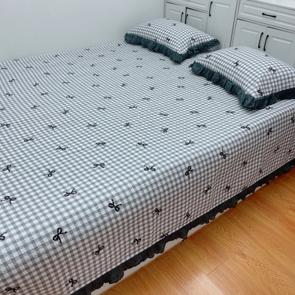 暖居 2025新款纯棉绗缝夹棉榻榻米支持定制防滑全棉印花小碎花农村大炕盖三件套系列 灰格蝴蝶结