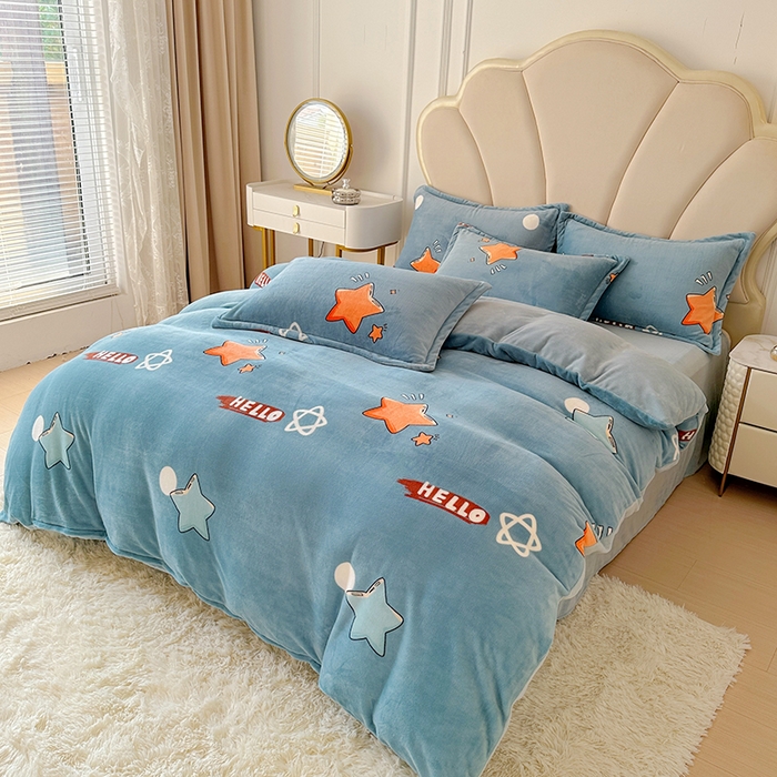 91家纺网 家纺一手货源 找家纺 家贝爱 2025新款A类牛奶绒印花四件套 星星乐园