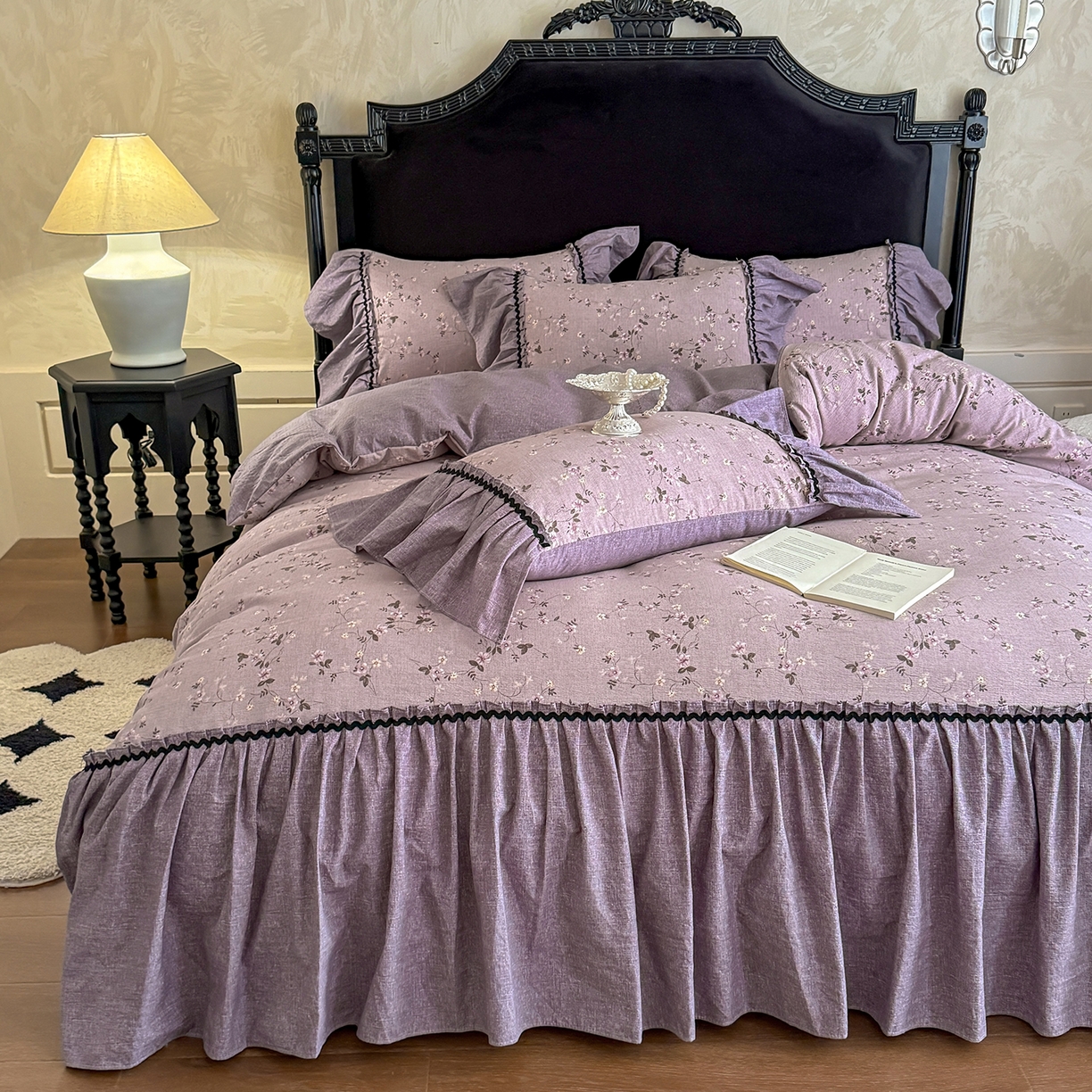 91家纺网 家纺一手货源 找家纺 富米莱（原臻工厂） 2025新款法式复古水洗亚麻花边高端床盖床单四件套 法式-紫嫣
