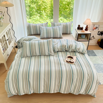 91家纺网 家纺一手货源 找家纺 优承佳生活馆 2025新款水洗云朵四件套（提供买家秀） 条纹咖绿