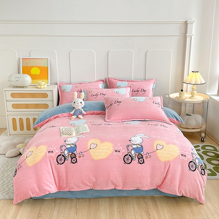 家贝爱 2025新款A类牛奶绒印花四件套 哈喽小兔-粉