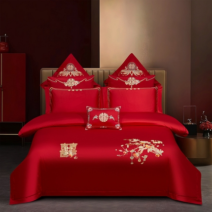 91家纺网 家纺一手货源 找家纺 （总）蒂爵 2025新款婚庆长绒棉时尚小红书爆款刺绣婚庆四件套多件套-无提花款