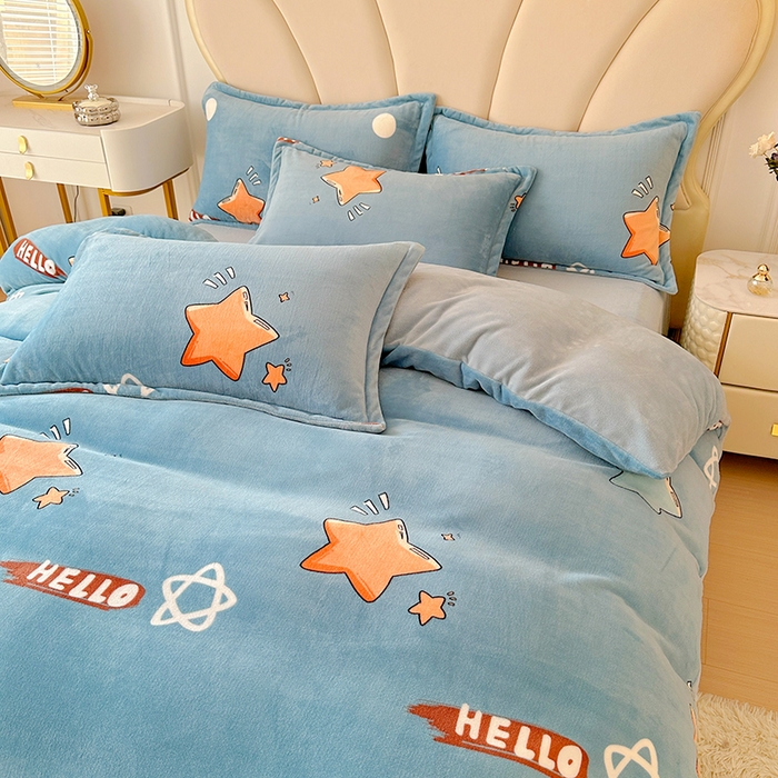 91家纺网 家纺一手货源 找家纺 家贝爱 2025新款A类牛奶绒印花四件套 星星乐园