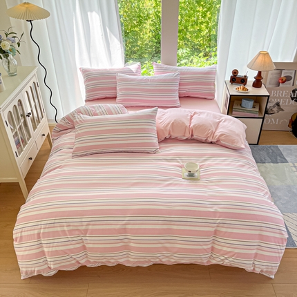 91家纺网 家纺一手货源 找家纺 优承佳生活馆 2025新款水洗云朵四件套（提供买家秀） 条纹粉