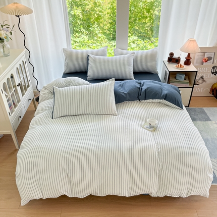 91家纺网 家纺一手货源 找家纺 优承佳生活馆 2025新款水洗云朵四件套（提供买家秀） 条纹白蓝