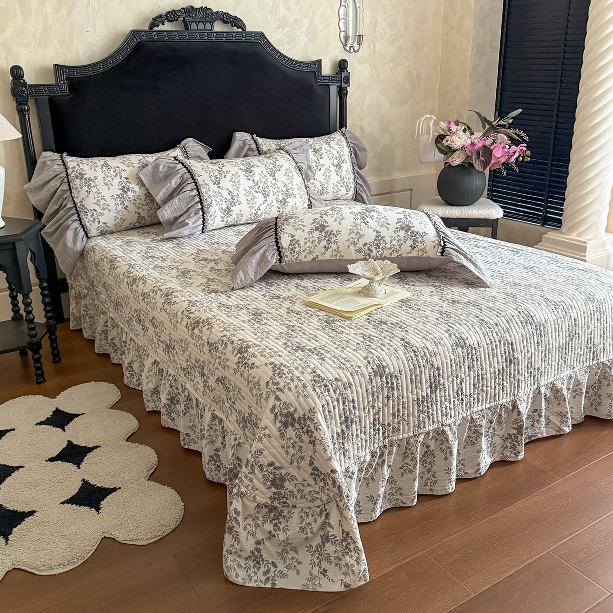 91家纺网 家纺一手货源 找家纺 （总）富米莱（原臻工厂） 2025新款法式复古水洗亚麻花边高端床盖床单四件套