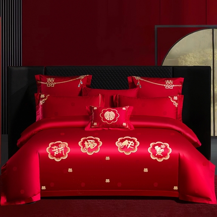 91家纺网 家纺一手货源 找家纺 （总）蒂爵 2025新款婚庆长绒棉时尚小红书爆款刺绣婚庆四件套多件套-提花款