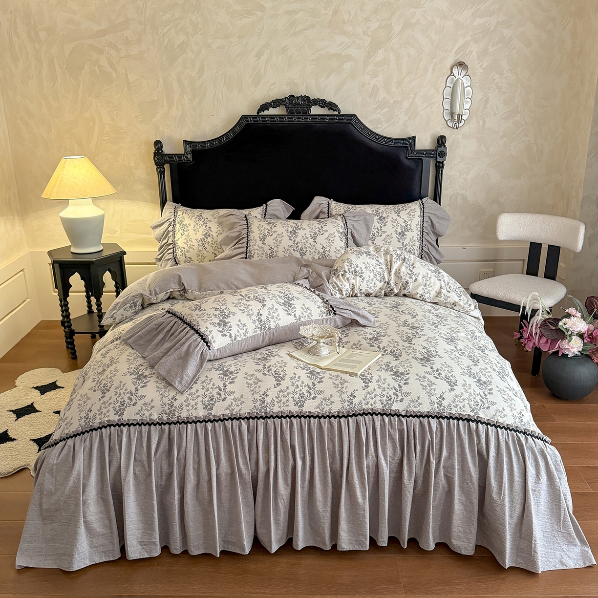 91家纺网 家纺一手货源 找家纺 （总）富米莱（原臻工厂） 2025新款法式复古水洗亚麻花边高端床盖床单四件套