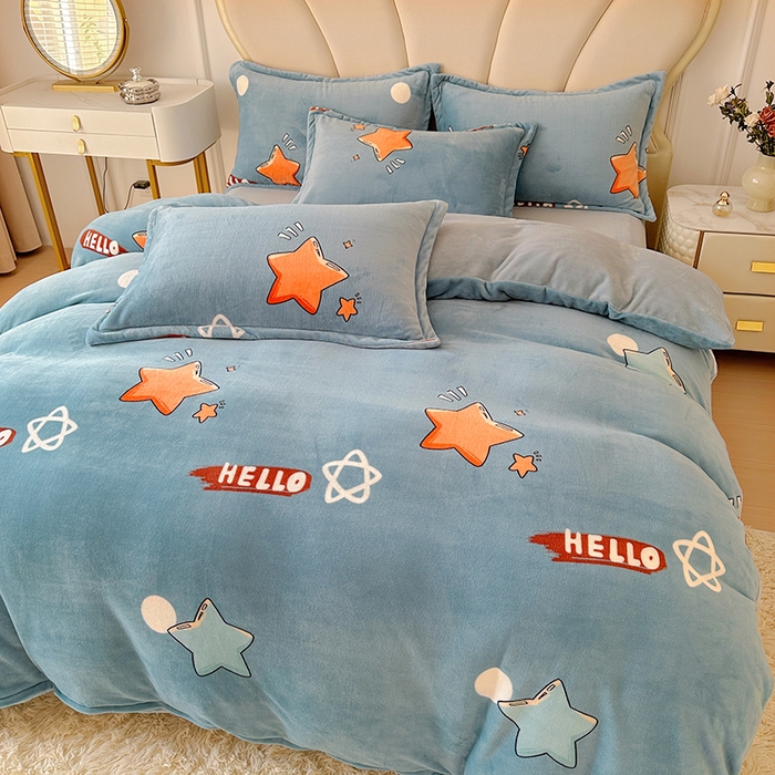 91家纺网 家纺一手货源 找家纺 家贝爱 2025新款A类牛奶绒印花四件套 星星乐园