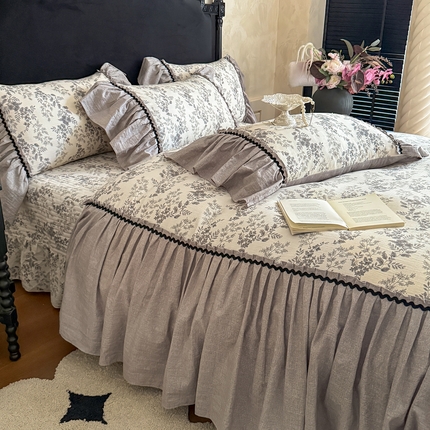 （总）富米莱（原臻工厂） 2025新款法式复古水洗亚麻花边高端床盖床单四件套