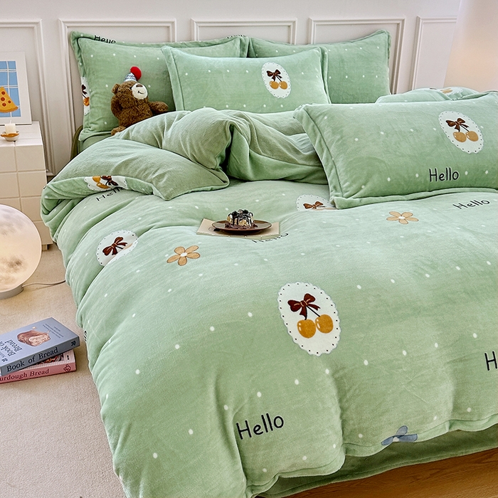 91家纺网 家纺一手货源 找家纺 家贝爱 2025新款A类牛奶绒印花四件套 波点樱桃