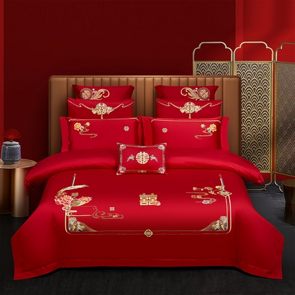 蒂爵 2025新款婚庆长绒棉时尚小红书爆款刺绣婚庆四件套多件套-无提花款 花似锦