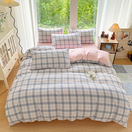 91家纺网 家纺一手货源 找家纺 优承佳生活馆 2025新款水洗云朵四件套（提供买家秀） 格纹粉