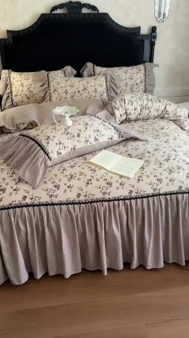 91家纺网 家纺一手货源 找家纺 富米莱（原臻工厂） 2025新款法式复古水洗亚麻花边高端床盖床单四件套 法式-一路生花