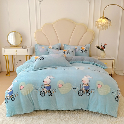 家贝爱 2025新款A类牛奶绒印花四件套 哈喽小兔蓝