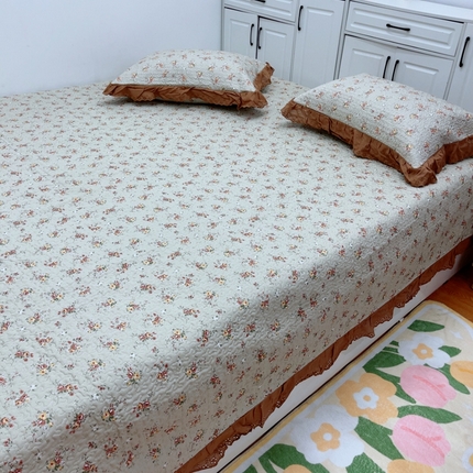 暖居 2025新款纯棉绗缝夹棉榻榻米支持定制防滑全棉印花小碎花农村大炕盖三件套系列 摩登浅咖