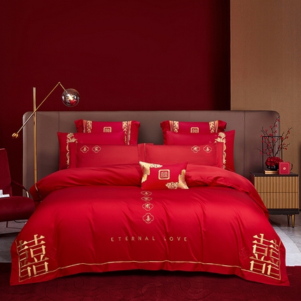 91家纺网 家纺一手货源 找家纺 （总）蒂爵 2025新款婚庆长绒棉时尚小红书爆款刺绣婚庆四件套多件套-无提花款