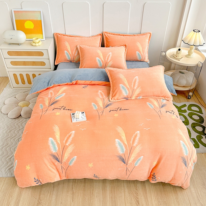 91家纺网 家纺一手货源 找家纺 家贝爱 2025新款A类牛奶绒印花四件套 情人草-桔