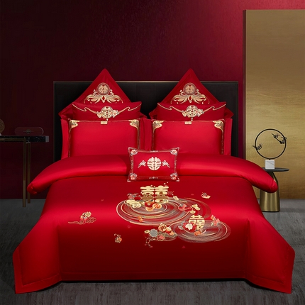 蒂爵 2025新款婚庆长绒棉时尚小红书爆款刺绣婚庆四件套多件套-无提花款 好时光