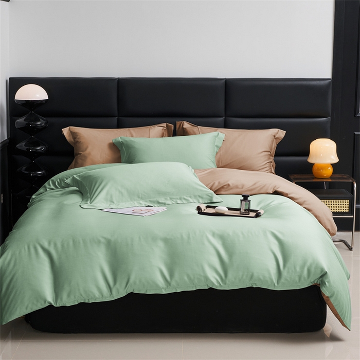 91家纺网 家纺一手货源 找家纺 顾家家居 2024新款兰精天丝棉磨毛双拼四件套 碧绿+拿铁