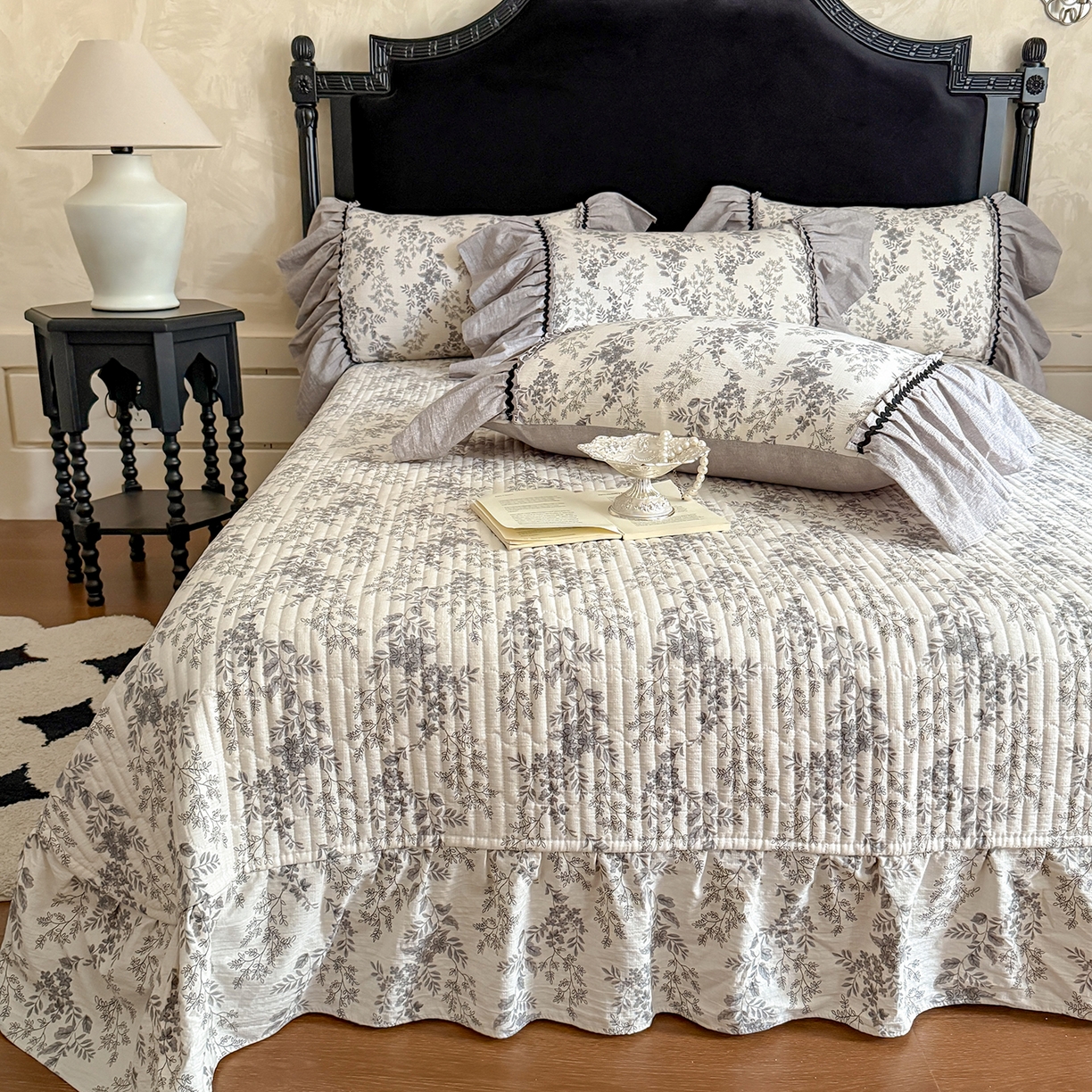 91家纺网 家纺一手货源 找家纺 （总）富米莱（原臻工厂） 2025新款法式复古水洗亚麻花边高端床盖床单四件套