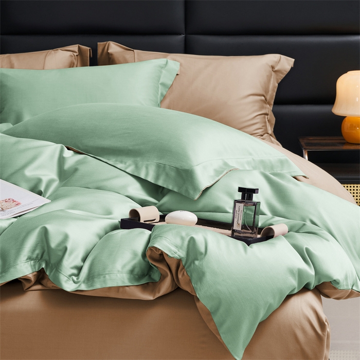 91家纺网 家纺一手货源 找家纺 顾家家居 2024新款兰精天丝棉磨毛双拼四件套 碧绿+拿铁