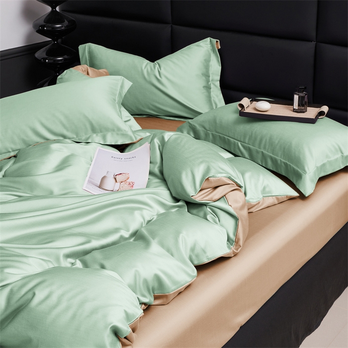 91家纺网 家纺一手货源 找家纺 顾家家居 2024新款兰精天丝棉磨毛双拼四件套 碧绿+拿铁