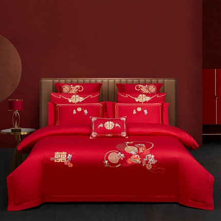 蒂爵 2025新款婚庆长绒棉时尚小红书爆款刺绣婚庆四件套多件套-无提花款 百子福