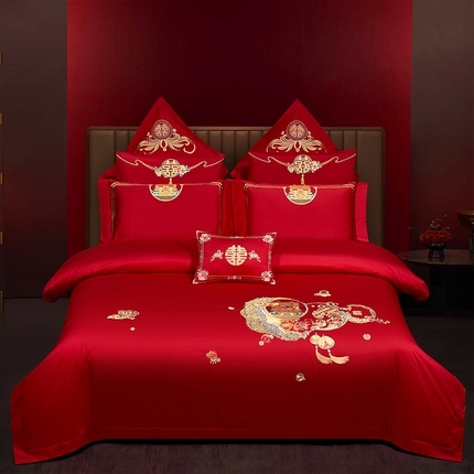 蒂爵 2025新款婚庆长绒棉时尚小红书爆款刺绣婚庆四件套多件套-无提花款 合家欢