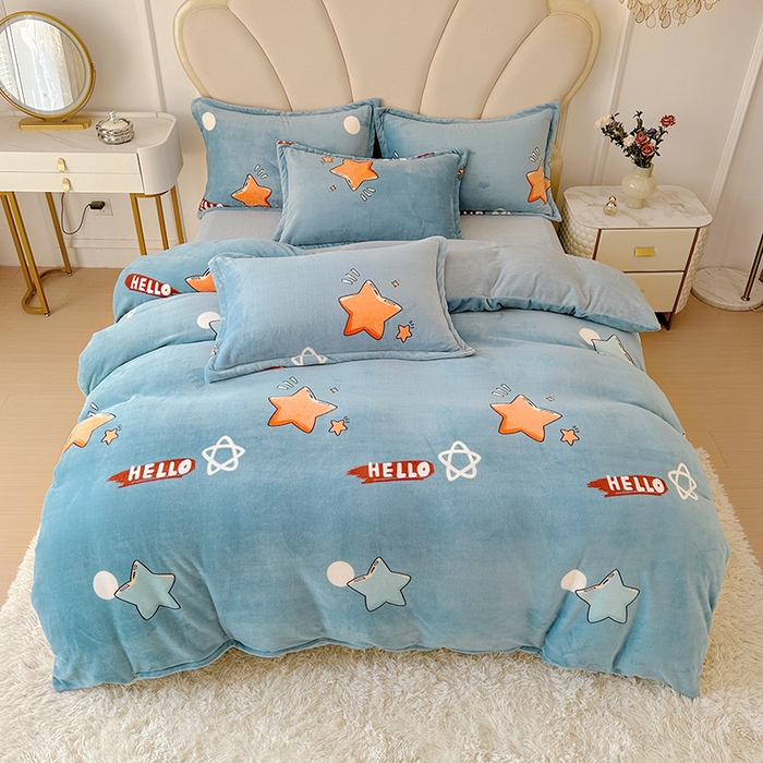 91家纺网 家纺一手货源 找家纺 家贝爱 2025新款A类牛奶绒印花四件套 星星乐园