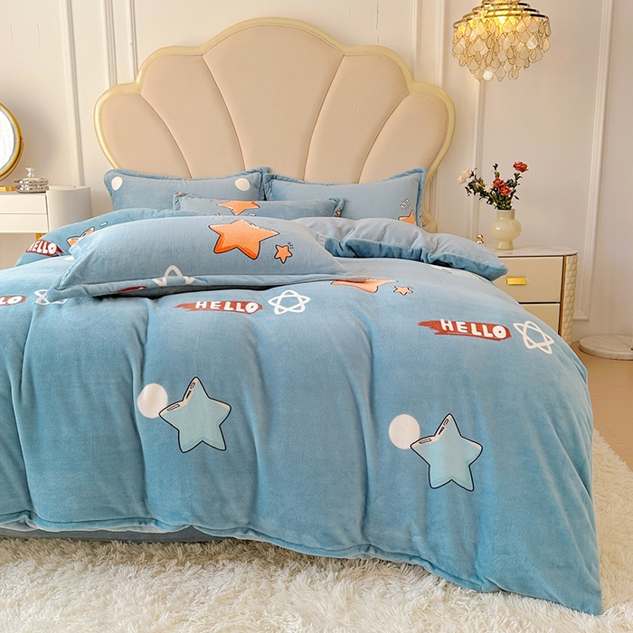 91家纺网 家纺一手货源 找家纺 家贝爱 2025新款A类牛奶绒印花四件套 星星乐园