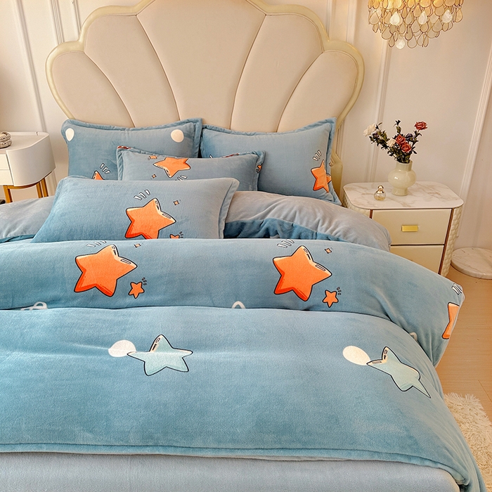 91家纺网 家纺一手货源 找家纺 家贝爱 2025新款A类牛奶绒印花四件套 星星乐园