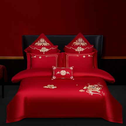 91家纺网 家纺一手货源 找家纺 （总）蒂爵 2025新款婚庆长绒棉时尚小红书爆款刺绣婚庆四件套多件套-无提花款