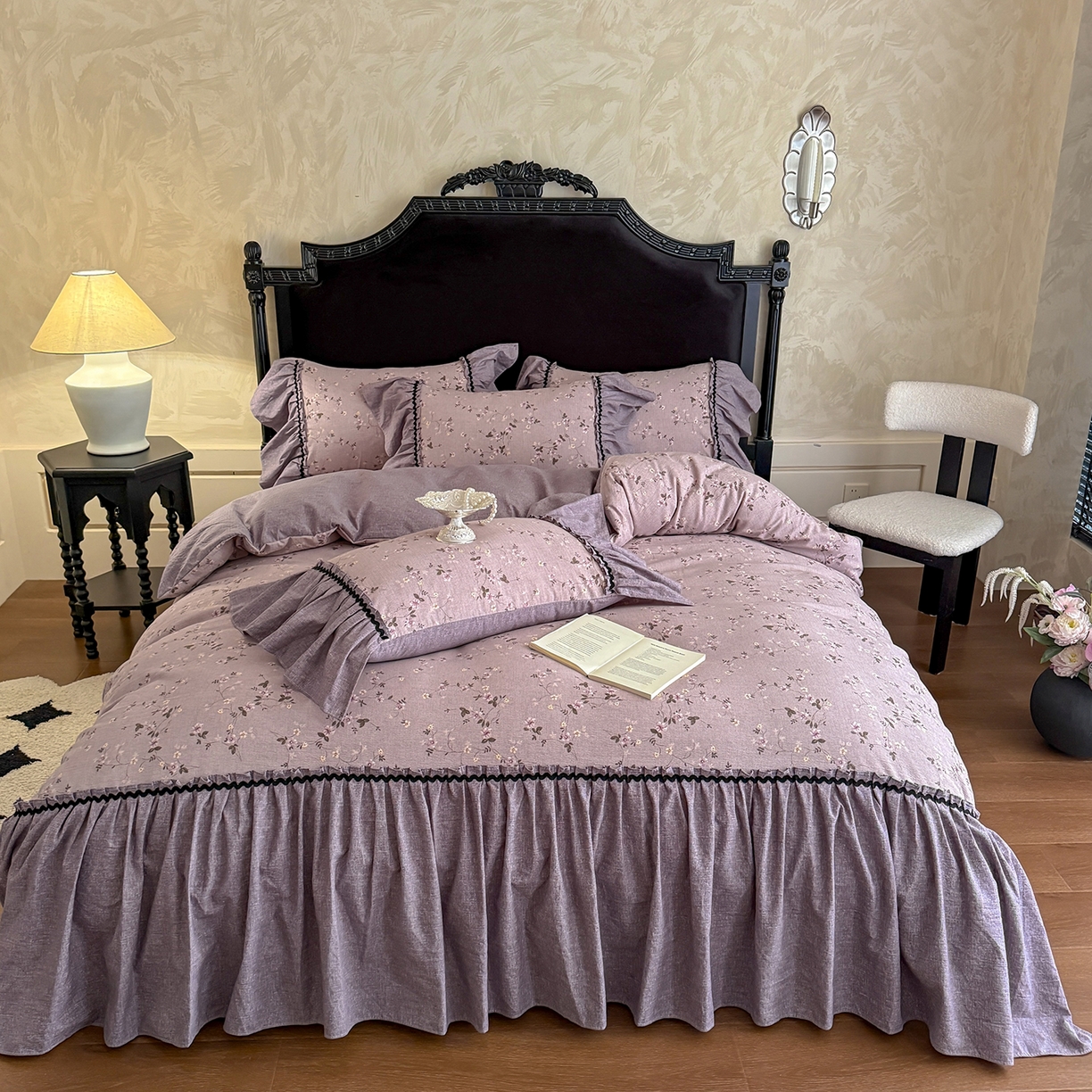 91家纺网 家纺一手货源 找家纺 富米莱（原臻工厂） 2025新款法式复古水洗亚麻花边高端床盖床单四件套 法式-紫嫣