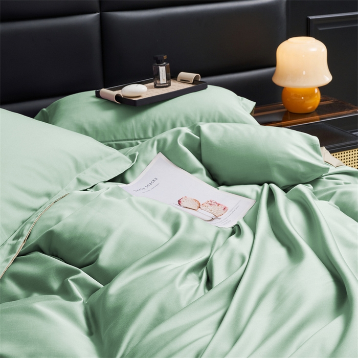 91家纺网 家纺一手货源 找家纺 顾家家居 2024新款兰精天丝棉磨毛双拼四件套 碧绿+拿铁