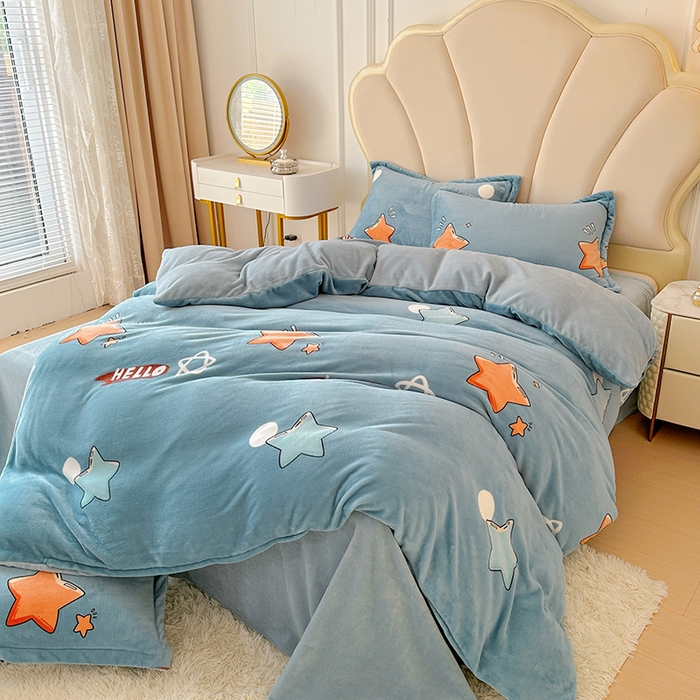 91家纺网 家纺一手货源 找家纺 家贝爱 2025新款A类牛奶绒印花四件套 星星乐园