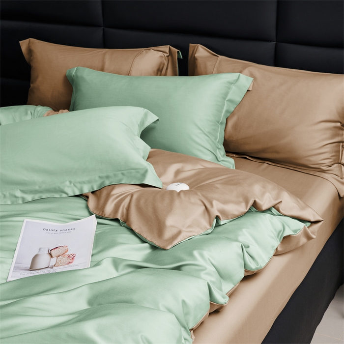 91家纺网 家纺一手货源 找家纺 顾家家居 2024新款兰精天丝棉磨毛双拼四件套 碧绿+拿铁