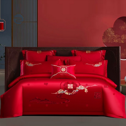 蒂爵 2025新款婚庆长绒棉时尚小红书爆款刺绣婚庆四件套多件套-提花款 喜上眉梢