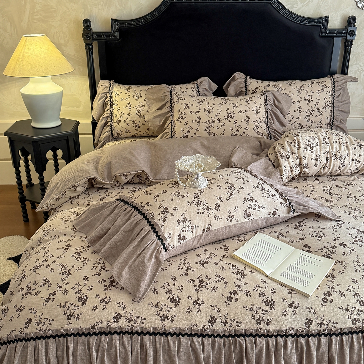 91家纺网 家纺一手货源 找家纺 富米莱（原臻工厂） 2025新款法式复古水洗亚麻花边高端床盖床单四件套 法式-一路生花