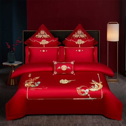 91家纺网 家纺一手货源 找家纺 （总）蒂爵 2025新款婚庆长绒棉时尚小红书爆款刺绣婚庆四件套多件套-无提花款