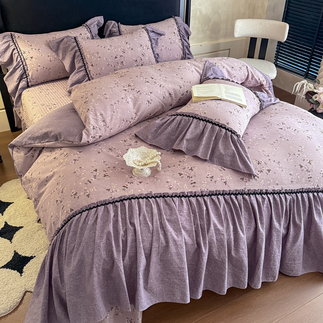 91家纺网 家纺一手货源 找家纺 富米莱（原臻工厂） 2025新款法式复古水洗亚麻花边高端床盖床单四件套 法式-紫嫣