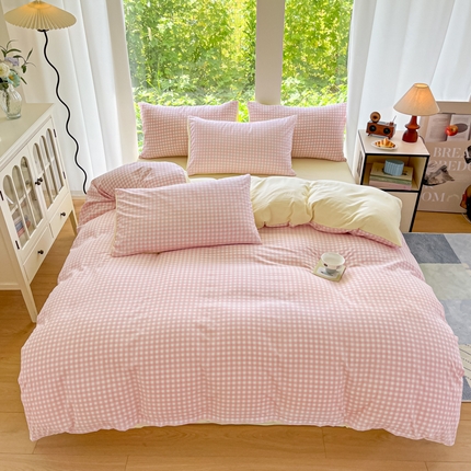 91家纺网 家纺一手货源 找家纺 优承佳生活馆 2025新款水洗云朵四件套（提供买家秀） 粉黄小格