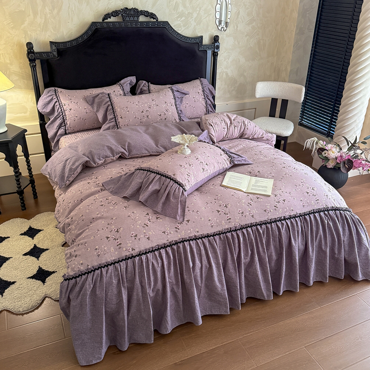 91家纺网 家纺一手货源 找家纺 富米莱（原臻工厂） 2025新款法式复古水洗亚麻花边高端床盖床单四件套 法式-紫嫣